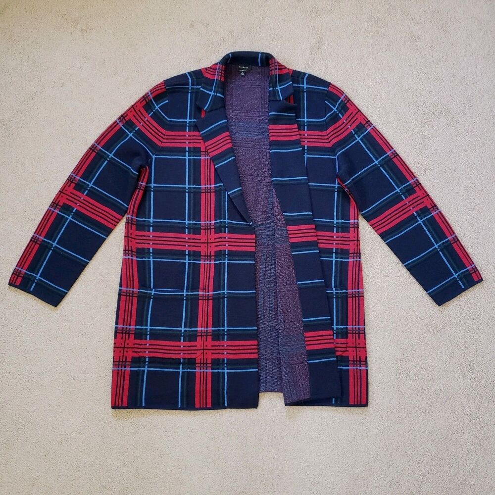 Talbots 100% Merino Wool Coatigan Cabin Plaid Academia Open Front Size XL
